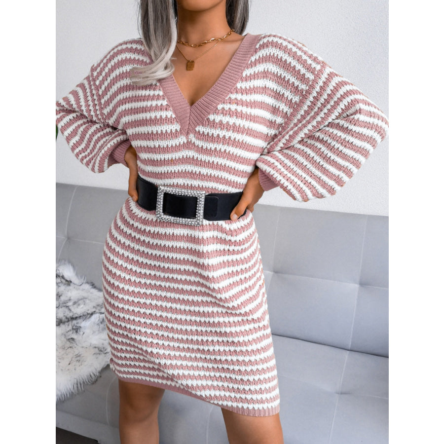 Striped V-Neck Long Sleeve Mini Sweater Dress Apparel and Accessories