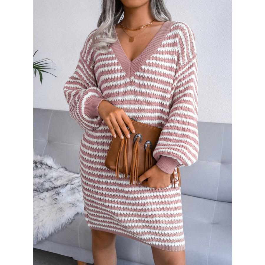 Striped V-Neck Long Sleeve Mini Sweater Dress Dusty Pink / S Apparel and Accessories