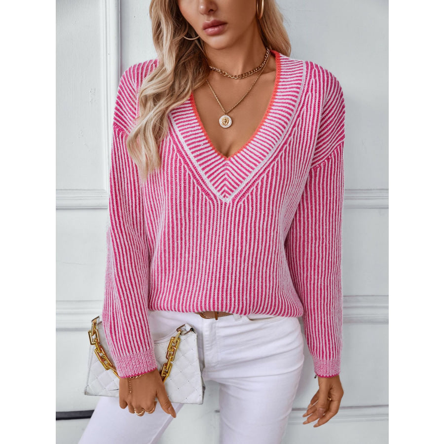 Striped V-Neck Long Sleeve Sweater Apparel and Accessories