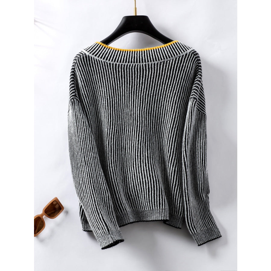 Striped V-Neck Long Sleeve Sweater Apparel and Accessories