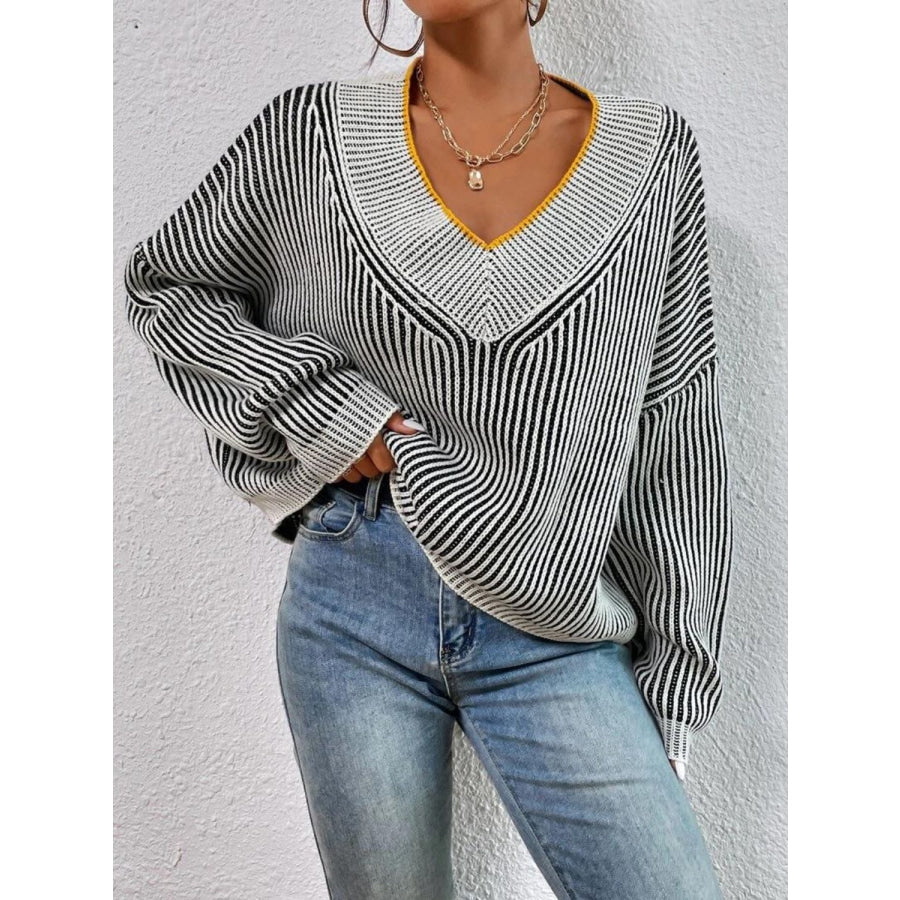 Striped V-Neck Long Sleeve Sweater Apparel and Accessories