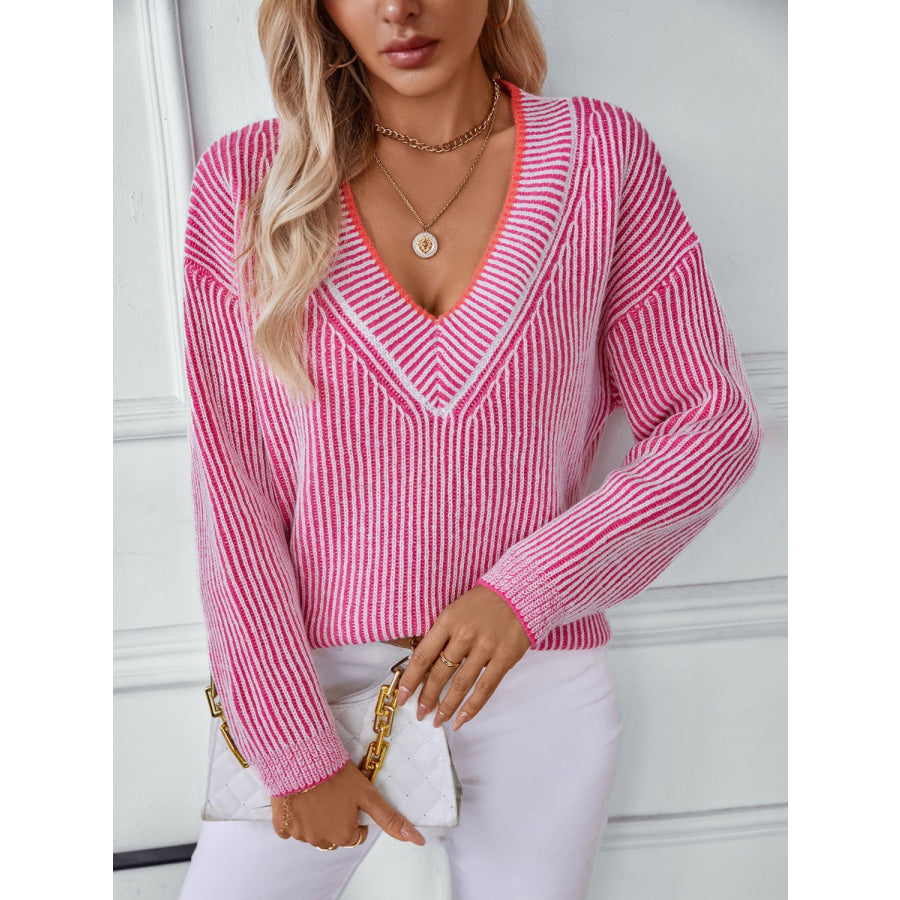 Striped V-Neck Long Sleeve Sweater Apparel and Accessories