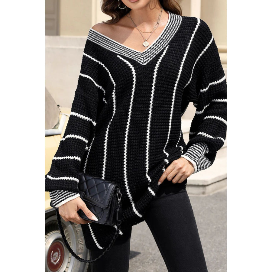 Striped V-Neck Long Sleeve Sweater Apparel and Accessories