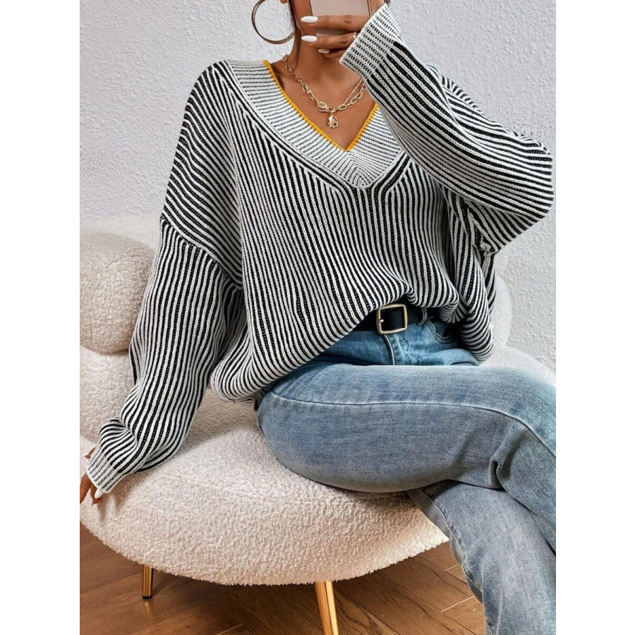 Striped V-Neck Long Sleeve Sweater Apparel and Accessories