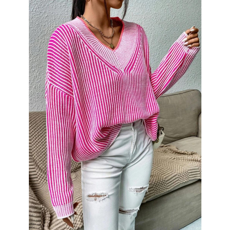 Striped V-Neck Long Sleeve Sweater Apparel and Accessories