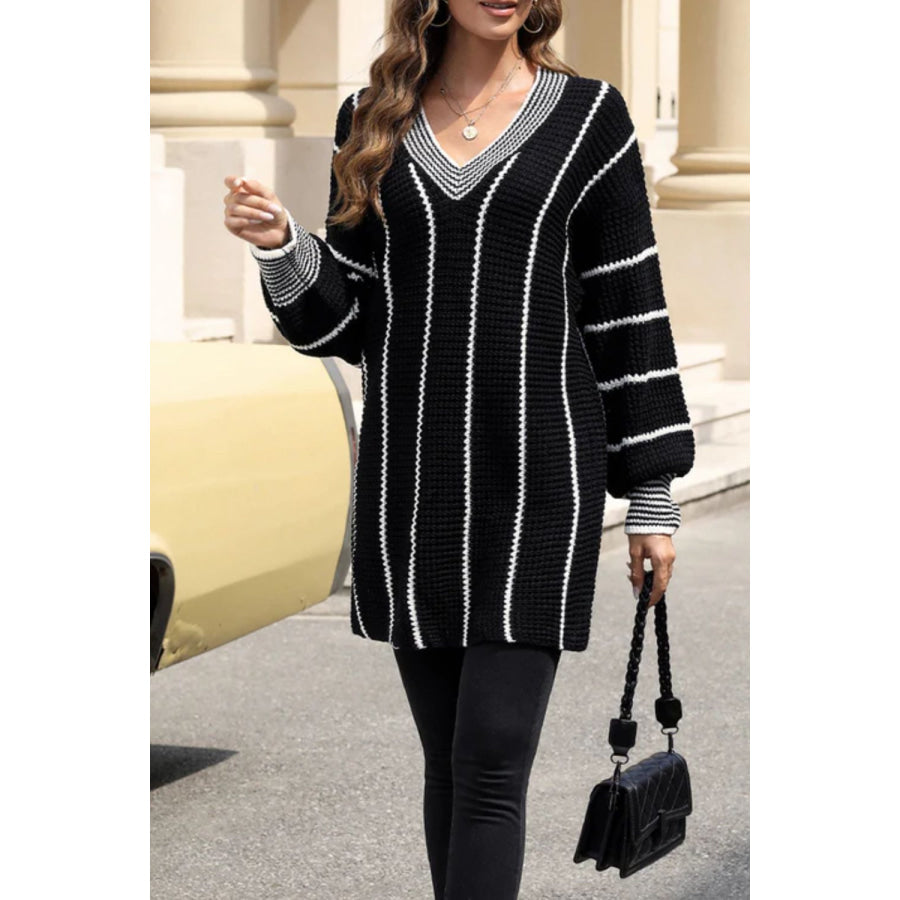 Striped V-Neck Long Sleeve Sweater Apparel and Accessories