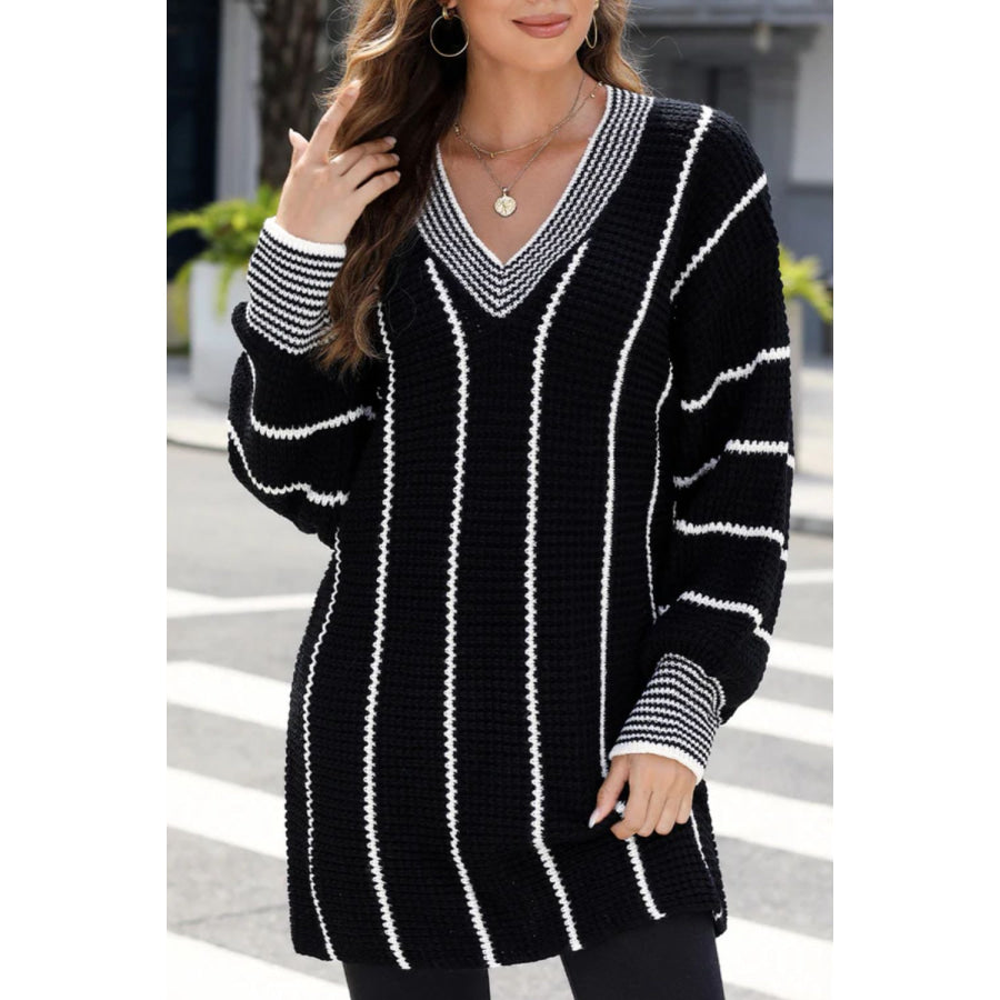 Striped V-Neck Long Sleeve Sweater Apparel and Accessories