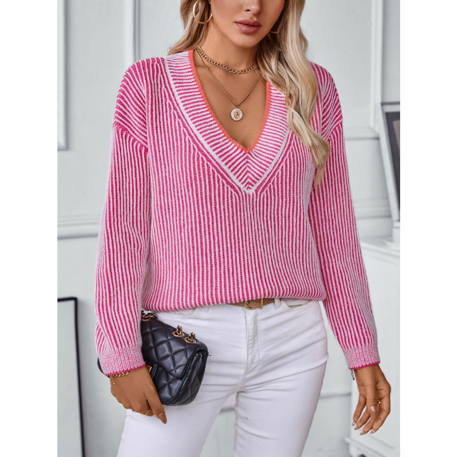 Striped V-Neck Long Sleeve Sweater Apparel and Accessories