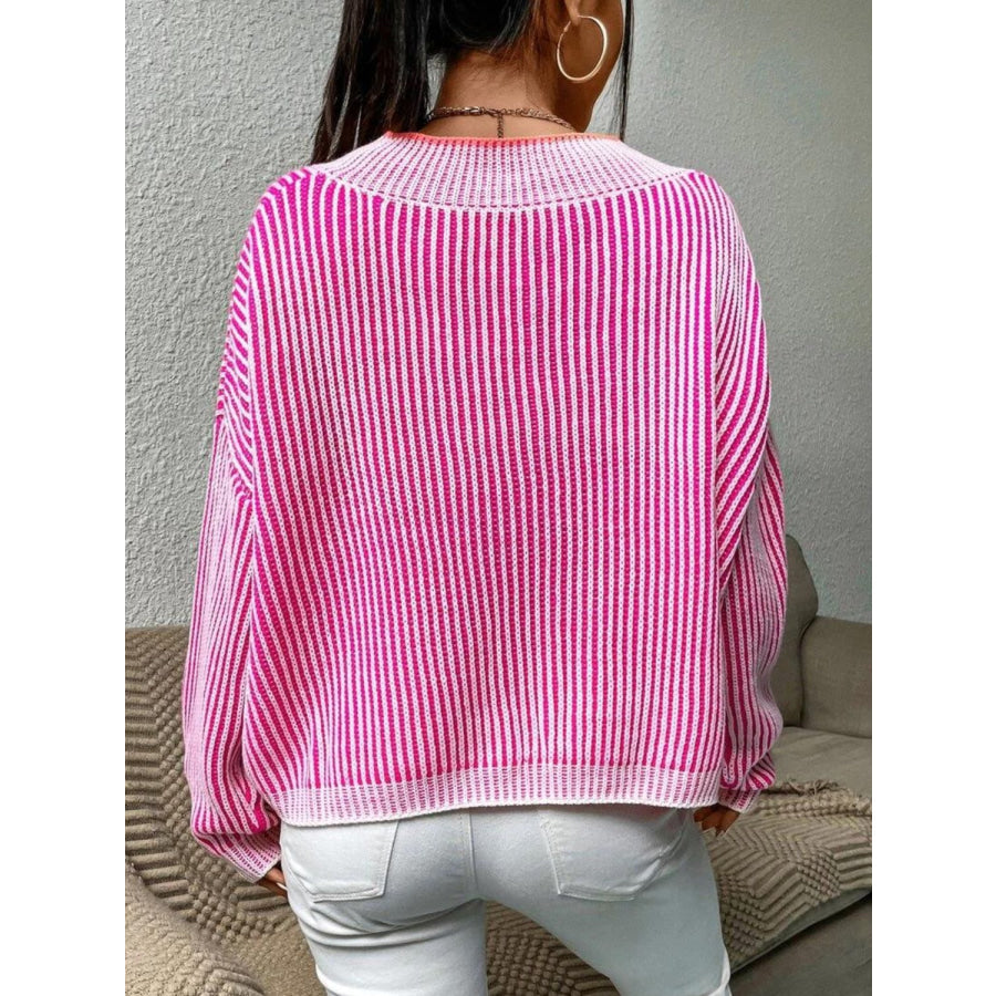 Striped V-Neck Long Sleeve Sweater Apparel and Accessories