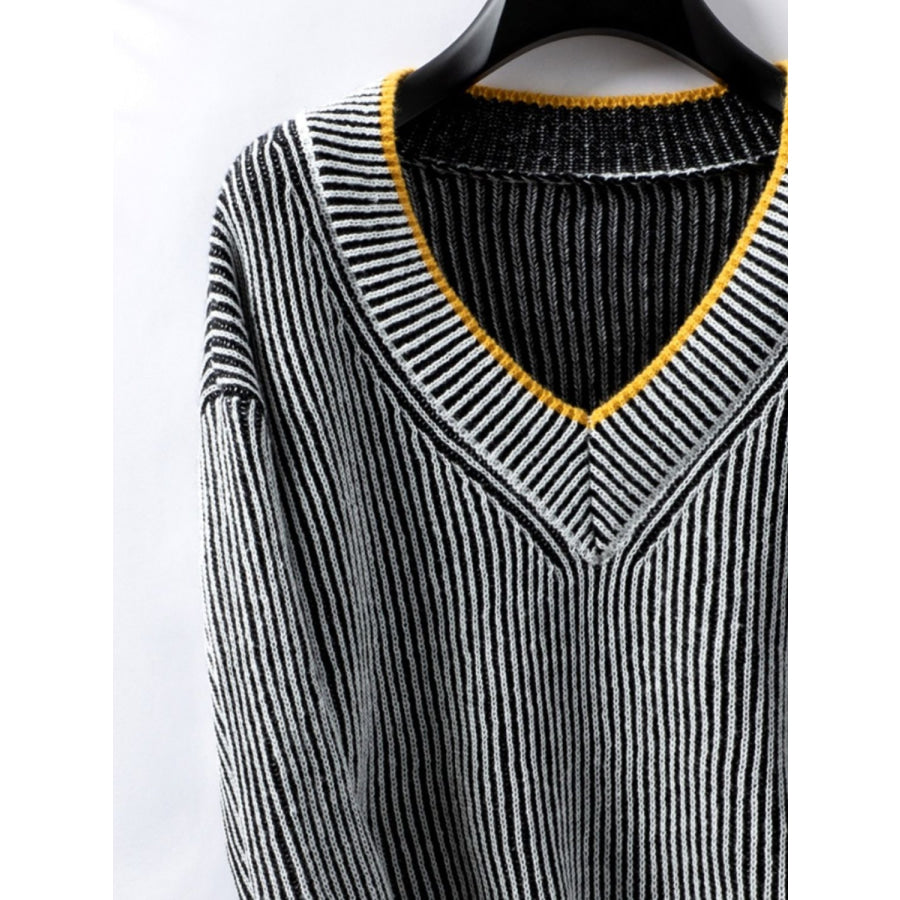 Striped V-Neck Long Sleeve Sweater Apparel and Accessories