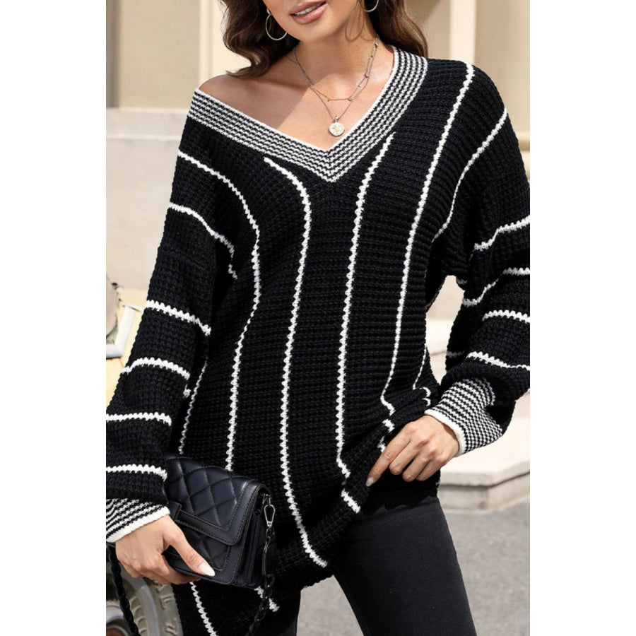 Striped V-Neck Long Sleeve Sweater Apparel and Accessories