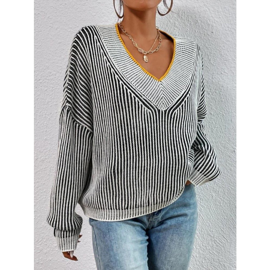 Striped V-Neck Long Sleeve Sweater Apparel and Accessories