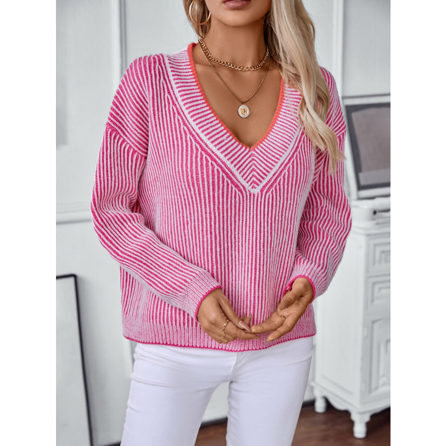 Striped V-Neck Long Sleeve Sweater Apparel and Accessories