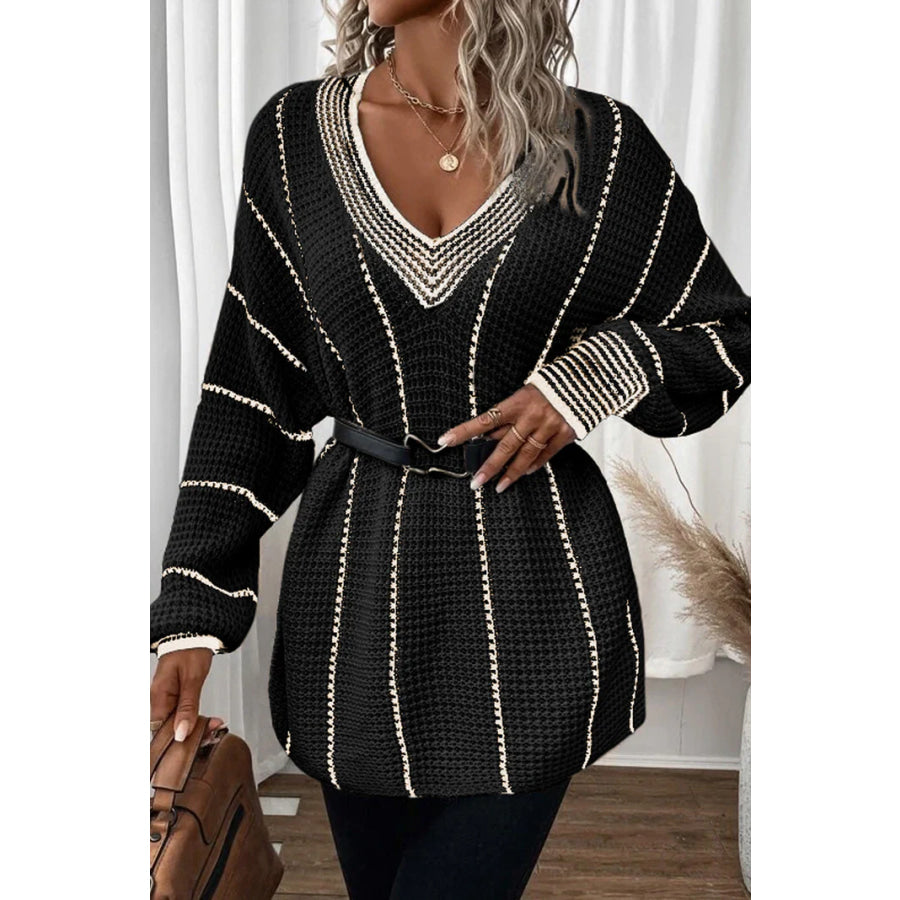 Striped V-Neck Long Sleeve Sweater Apparel and Accessories