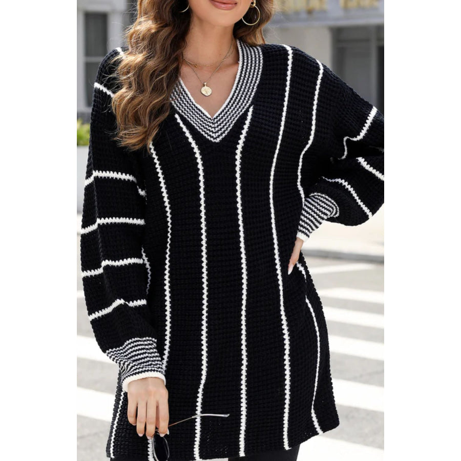 Striped V-Neck Long Sleeve Sweater Apparel and Accessories