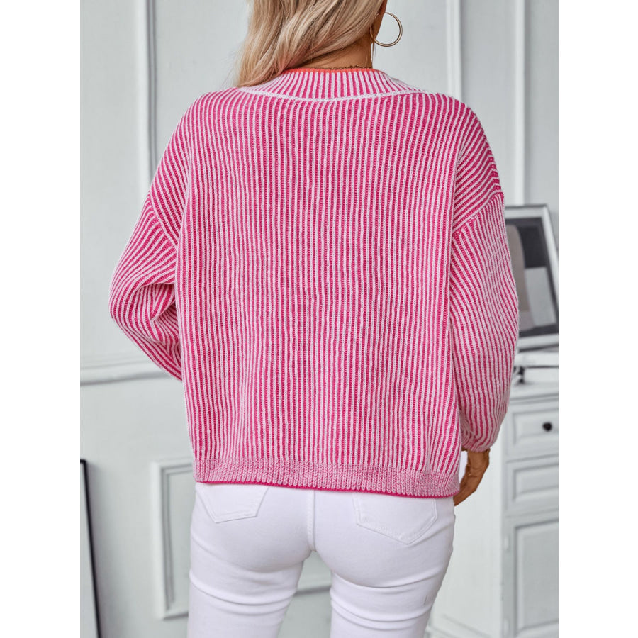 Striped V-Neck Long Sleeve Sweater Cerise / S Apparel and Accessories