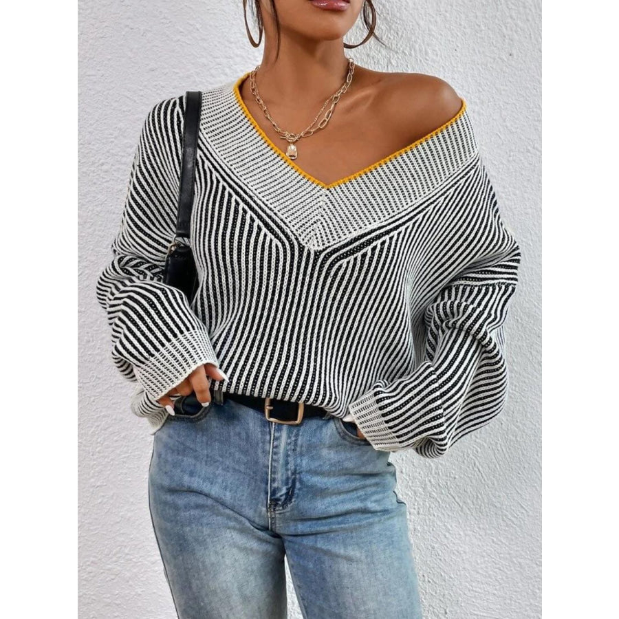 Striped V-Neck Long Sleeve Sweater Black / One Size Apparel and Accessories