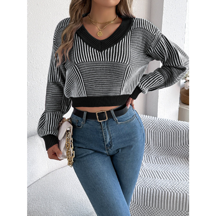 Striped V-Neck Long Sleeve Sweater Black / S Apparel and Accessories
