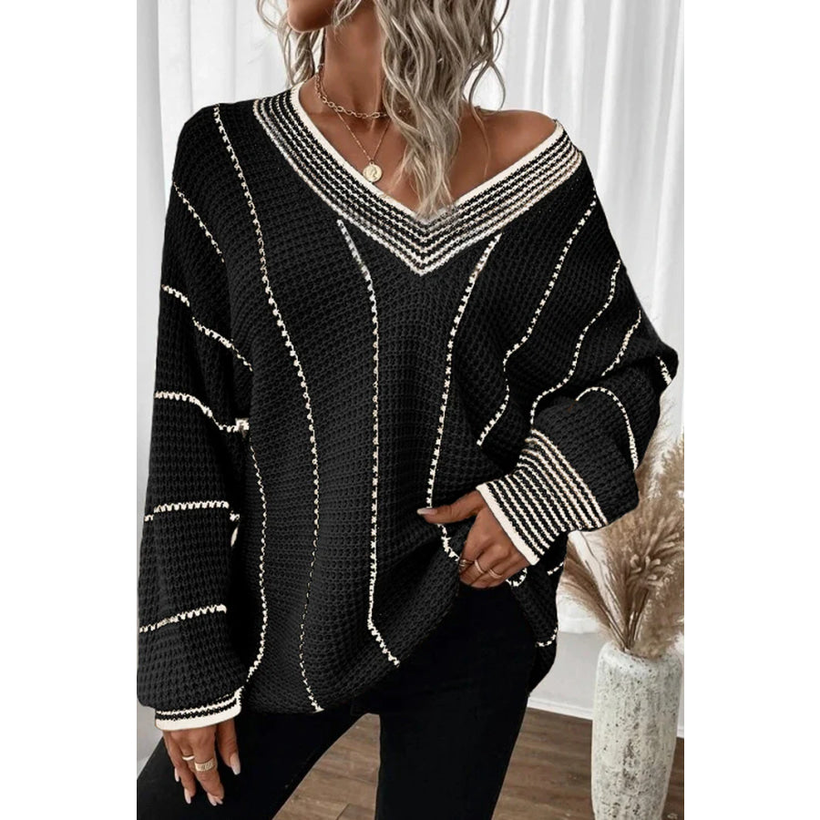 Striped V-Neck Long Sleeve Sweater Black / S Apparel and Accessories