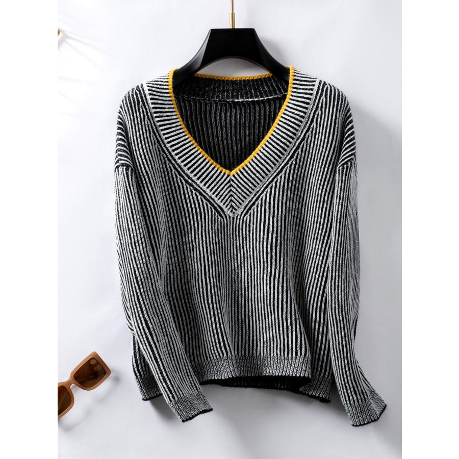 Striped V-Neck Long Sleeve Sweater Black / S Apparel and Accessories