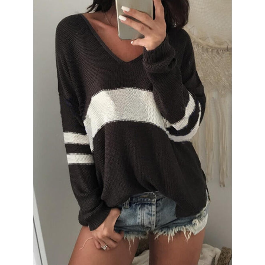 Striped V-Neck Long Sleeve Sweater Black / S