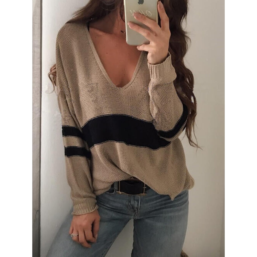 Striped V-Neck Long Sleeve Sweater Camel / S