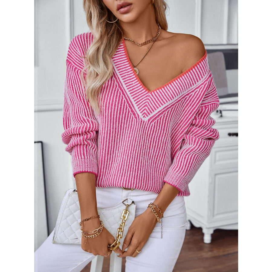 Striped V-Neck Long Sleeve Sweater Cerise / S Apparel and Accessories