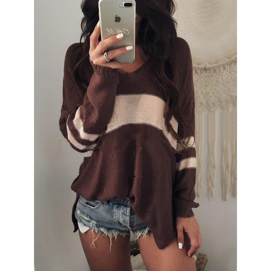 Striped V-Neck Long Sleeve Sweater Chocolate / S