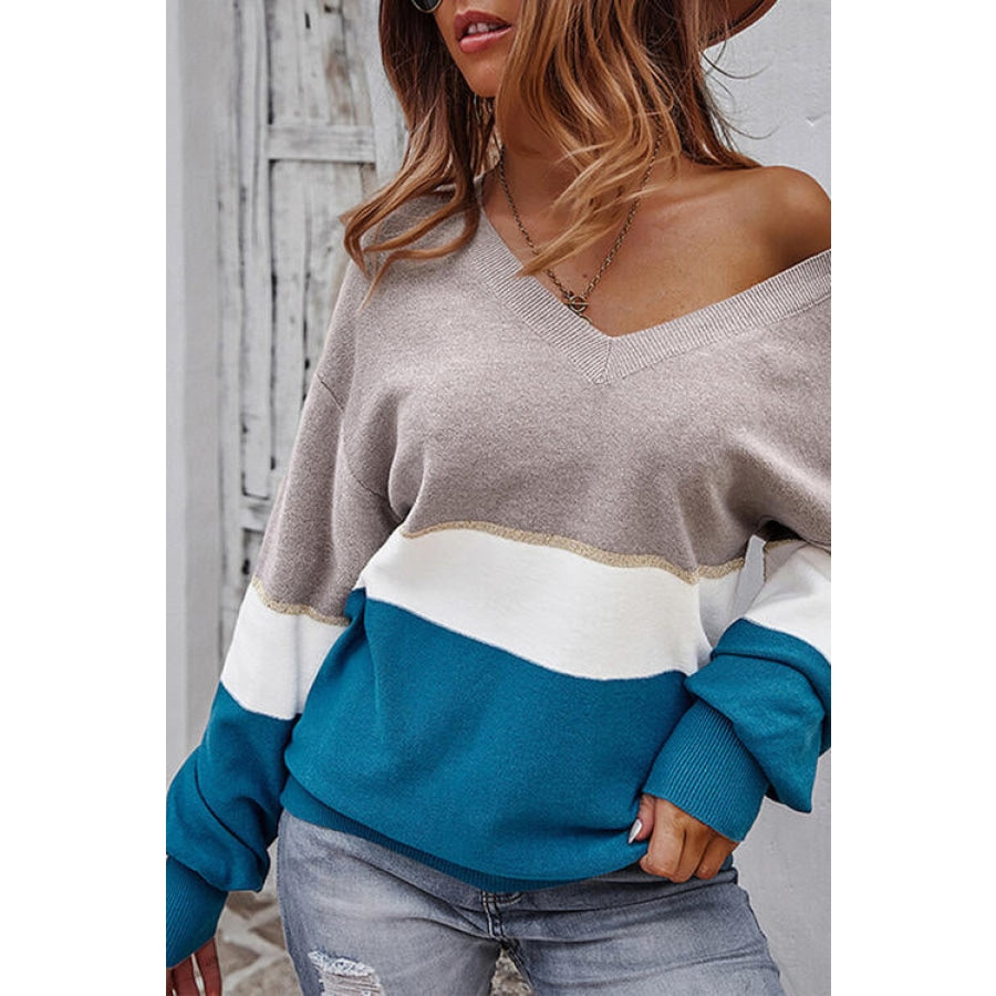 Striped V-Neck Long Sleeve Sweater Clothing