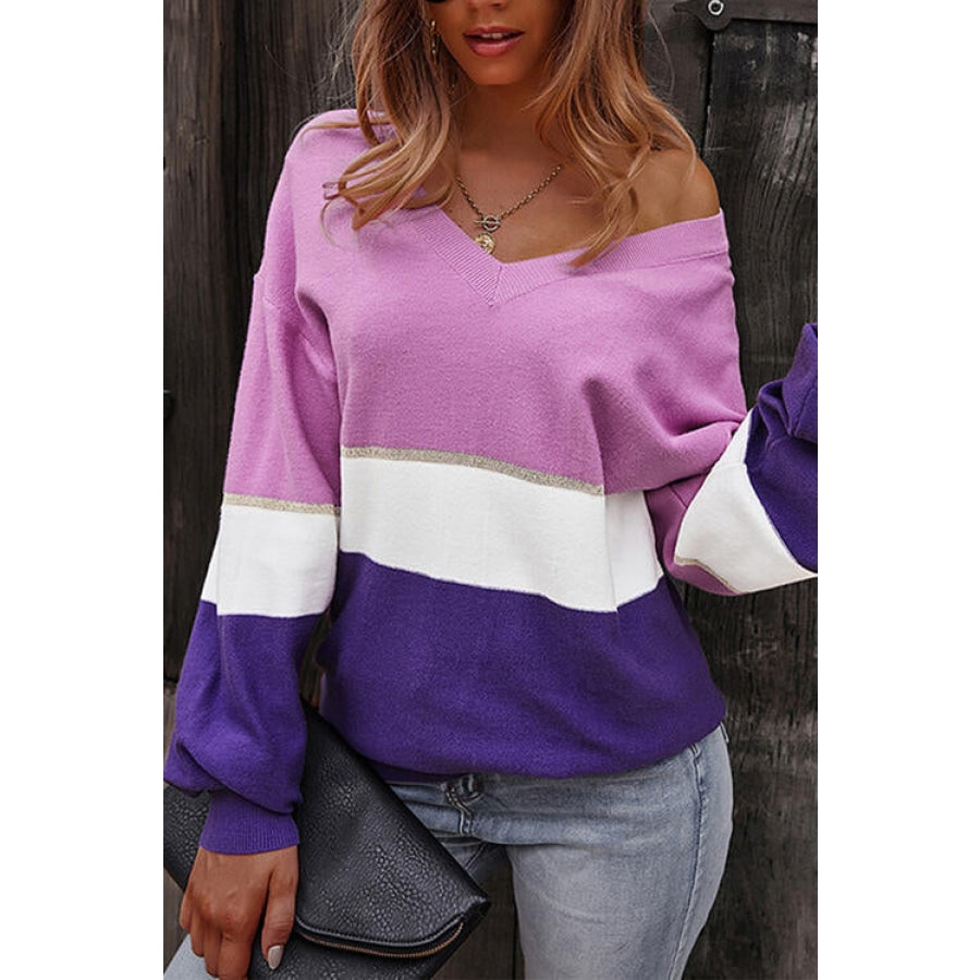 Striped V-Neck Long Sleeve Sweater Clothing