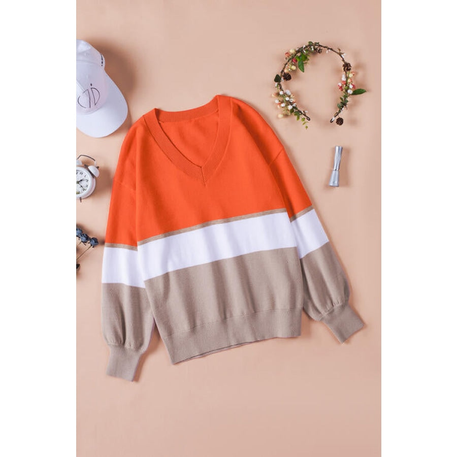 Striped V-Neck Long Sleeve Sweater Clothing