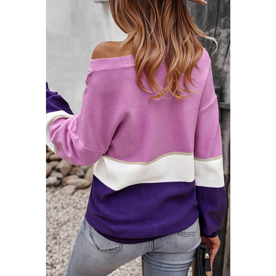 Striped V-Neck Long Sleeve Sweater Clothing