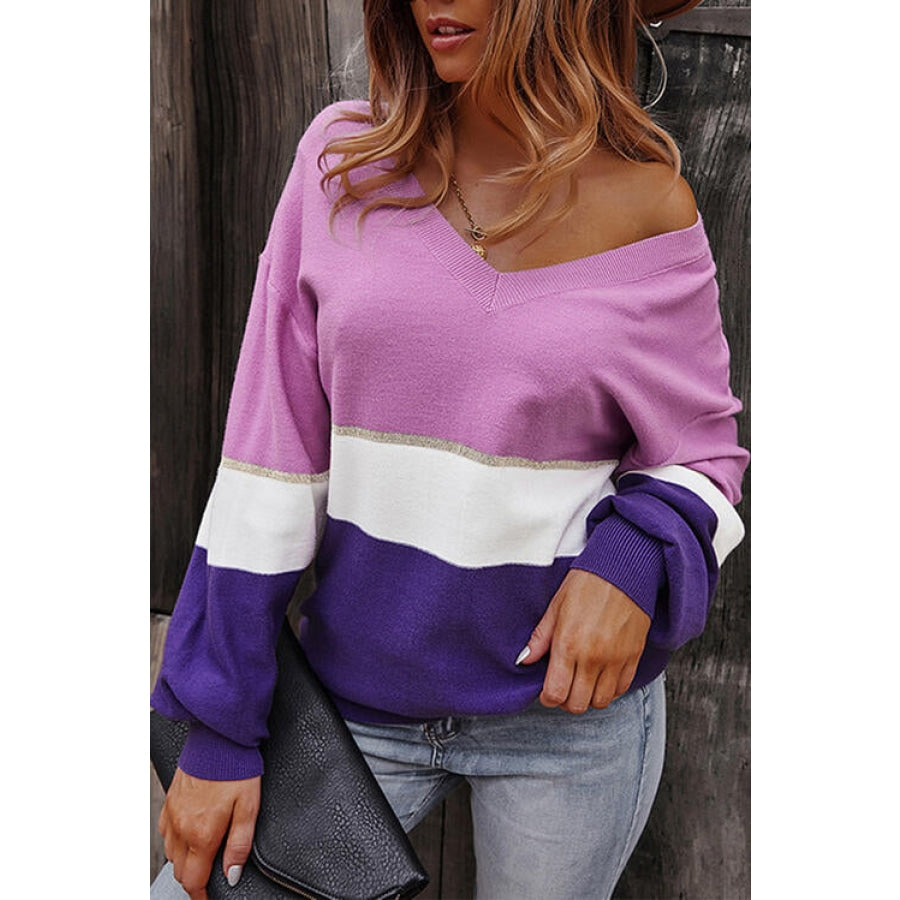 Striped V-Neck Long Sleeve Sweater Clothing