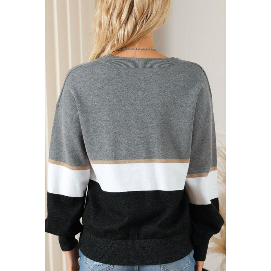 Striped V-Neck Long Sleeve Sweater Clothing