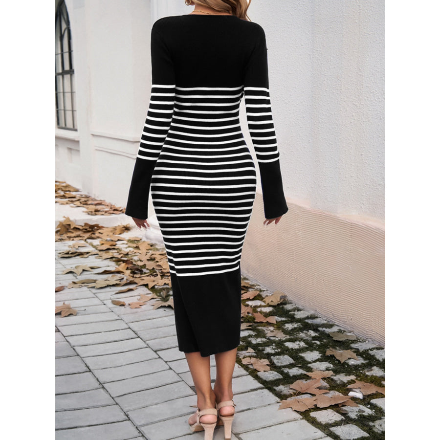 Striped V-Neck Long Sleeve Sweater Dress Apparel and Accessories