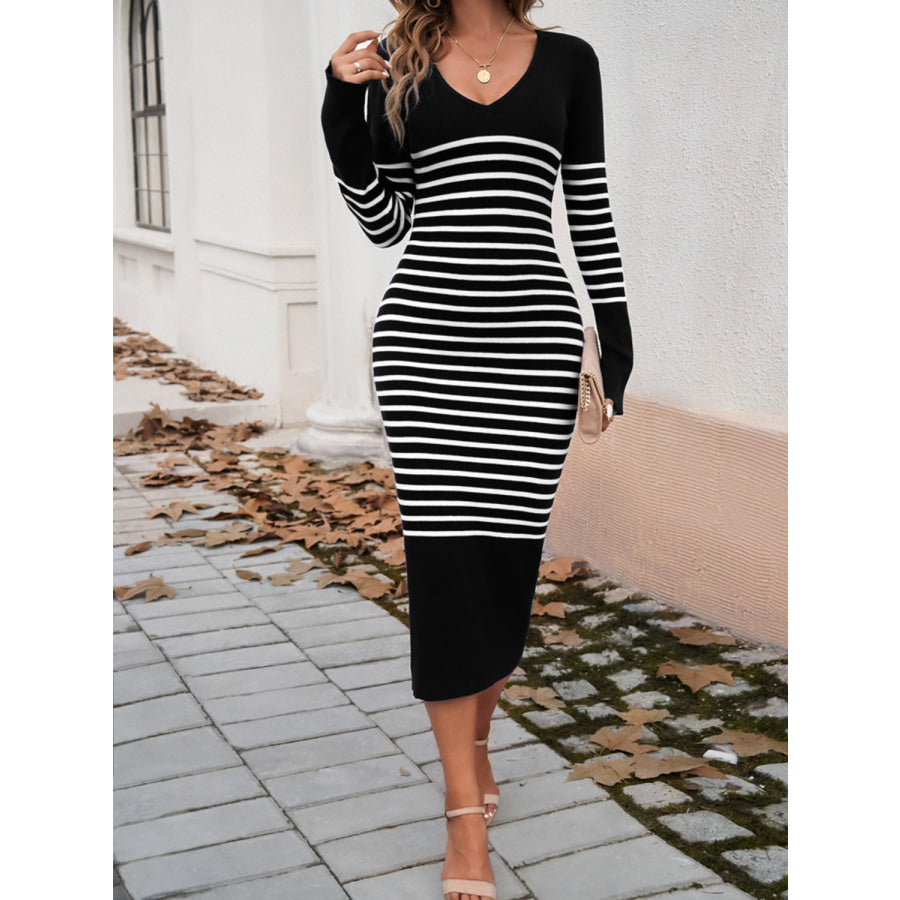 Striped V-Neck Long Sleeve Sweater Dress Apparel and Accessories