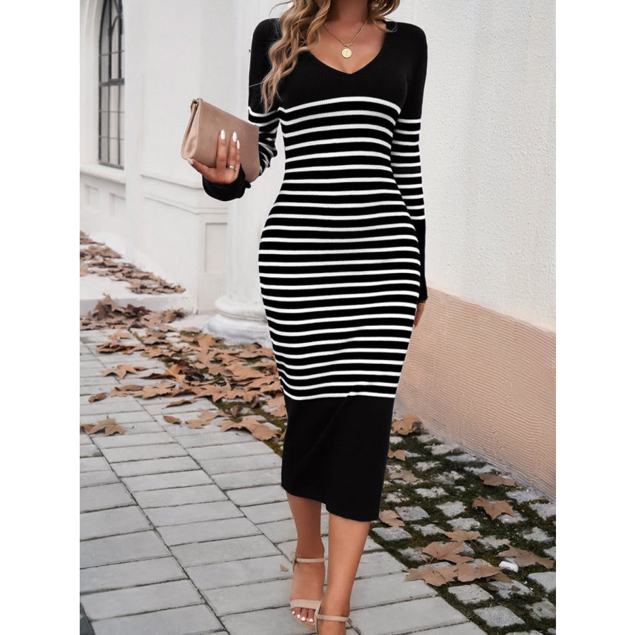 Striped V-Neck Long Sleeve Sweater Dress Apparel and Accessories