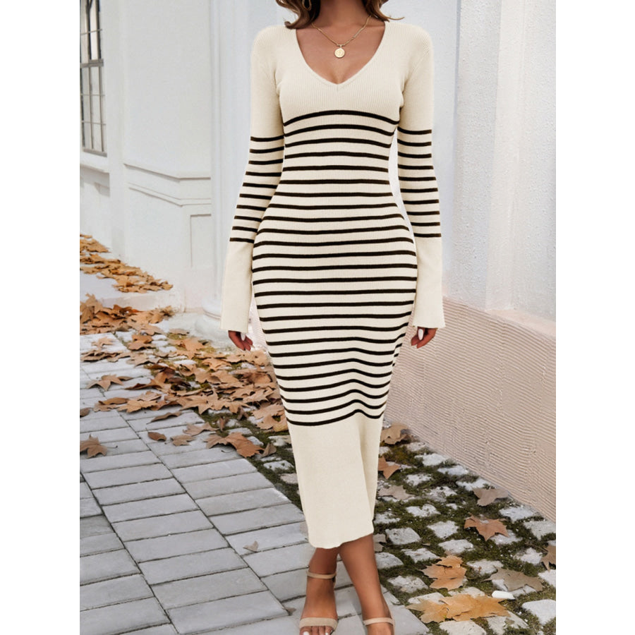 Striped V-Neck Long Sleeve Sweater Dress Apparel and Accessories