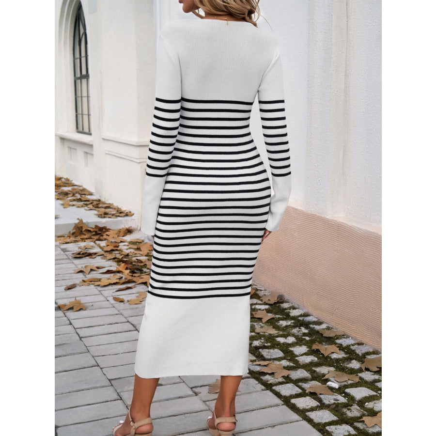 Striped V-Neck Long Sleeve Sweater Dress Apparel and Accessories