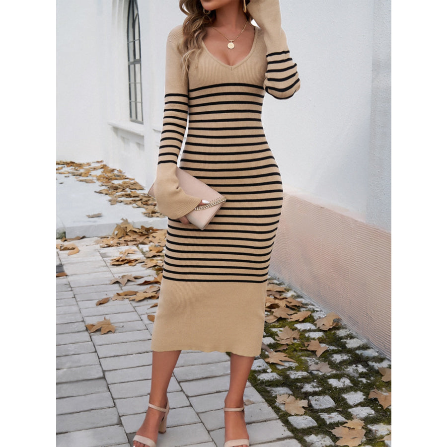 Striped V-Neck Long Sleeve Sweater Dress Apparel and Accessories