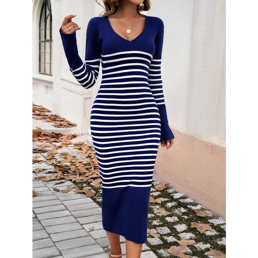 Striped V-Neck Long Sleeve Sweater Dress Apparel and Accessories