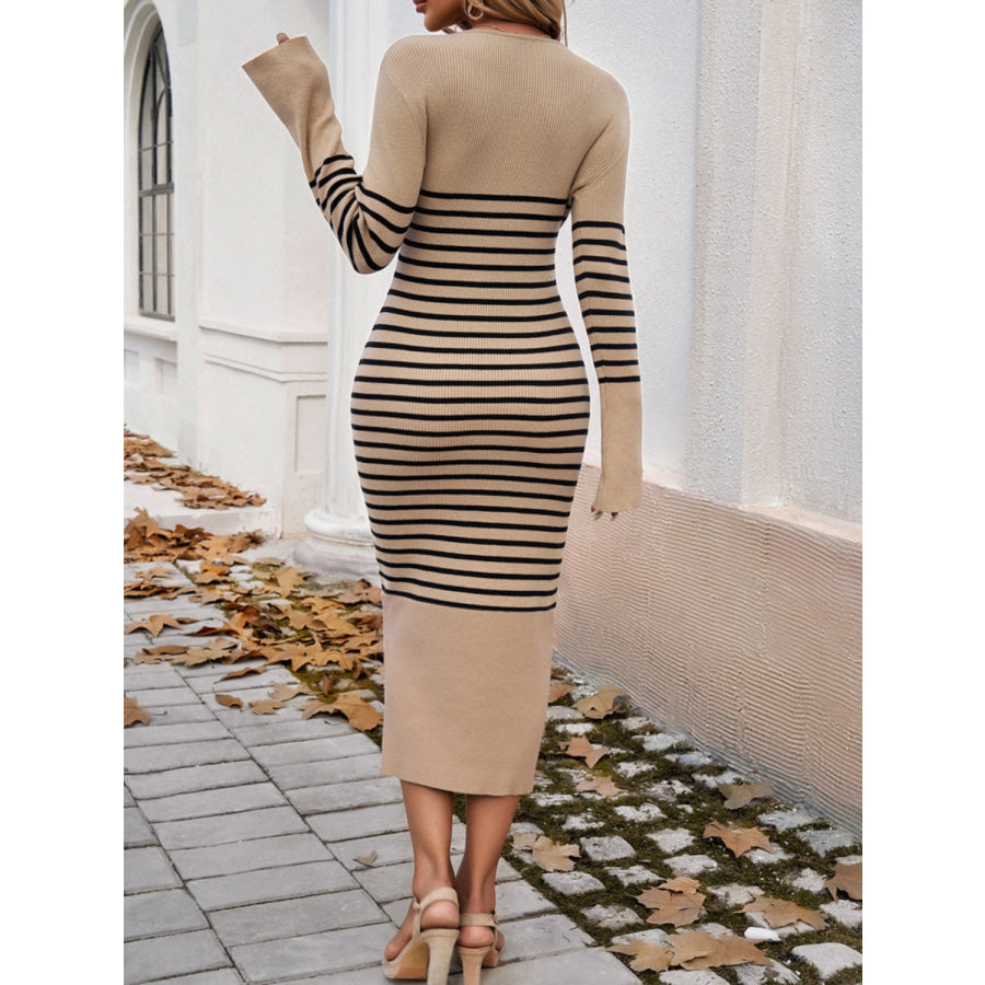 Striped V-Neck Long Sleeve Sweater Dress Apparel and Accessories