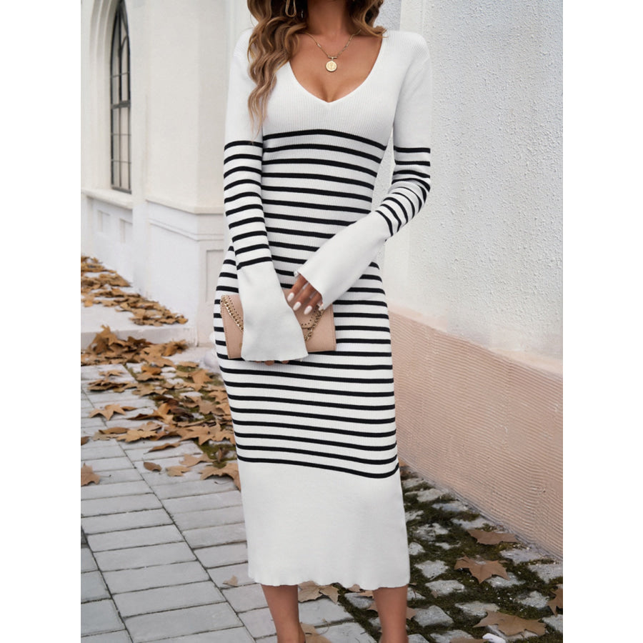 Striped V-Neck Long Sleeve Sweater Dress Apparel and Accessories