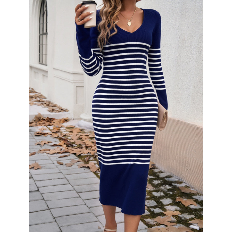 Striped V-Neck Long Sleeve Sweater Dress Apparel and Accessories