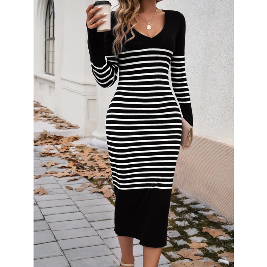 Striped V-Neck Long Sleeve Sweater Dress Apparel and Accessories