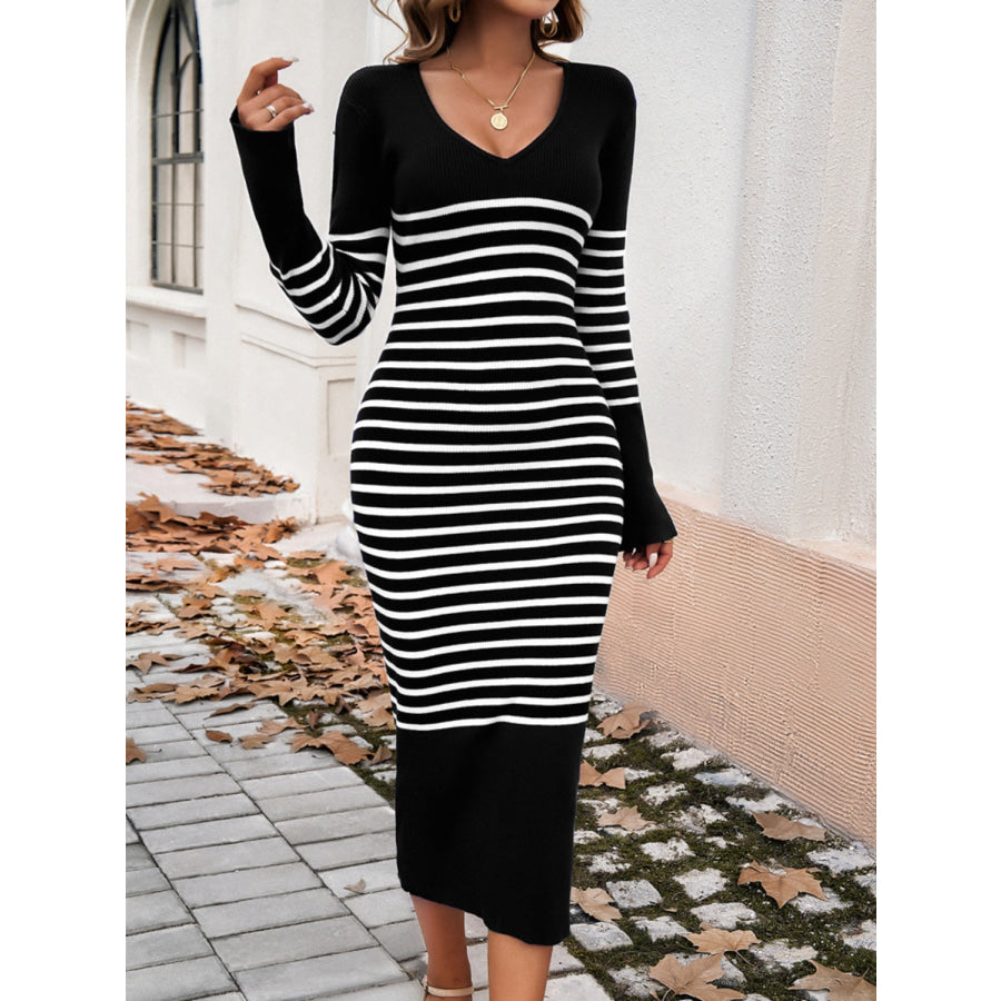 Striped V-Neck Long Sleeve Sweater Dress Black / S Apparel and Accessories