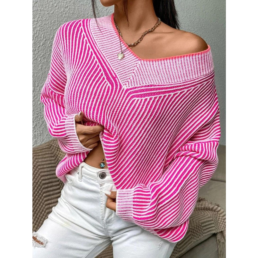 Striped V-Neck Long Sleeve Sweater Hot Pink / One Size Apparel and Accessories