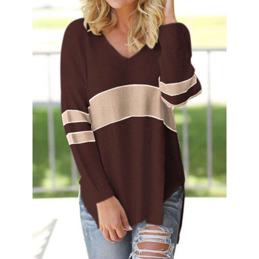 Striped V-Neck Long Sleeve Sweater