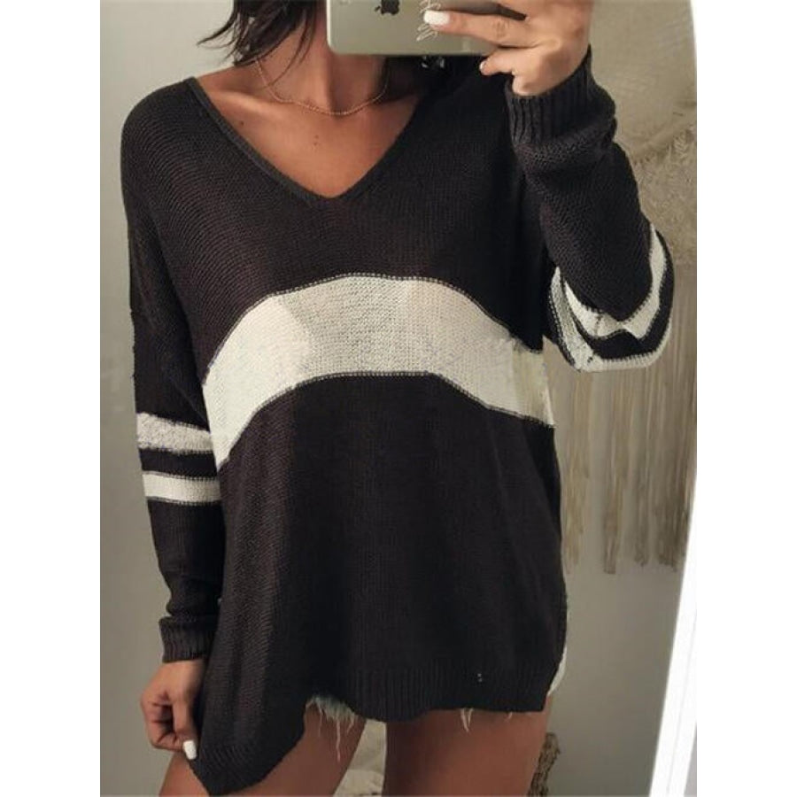 Striped V-Neck Long Sleeve Sweater Black / S