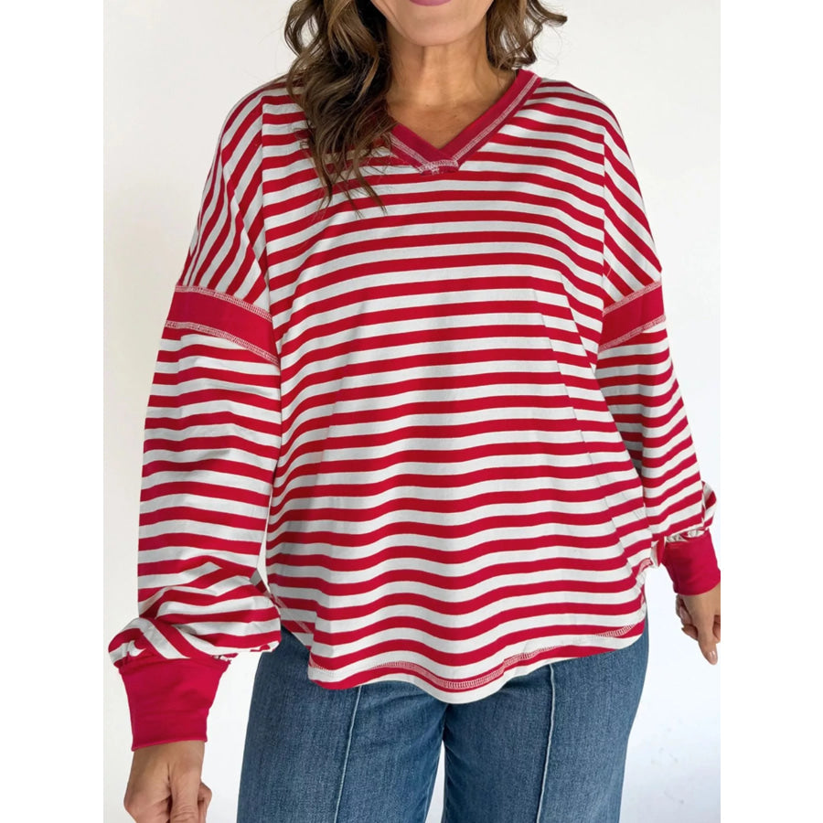 Striped V-Neck Long Sleeve Sweatshirt Deep Red / S Apparel and Accessories